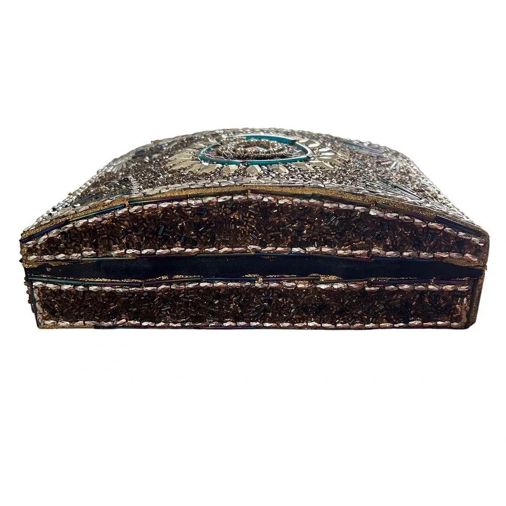 Beaded Jewelry Box Sunburst Rhinestone Embellished Bronze Gold Teal
